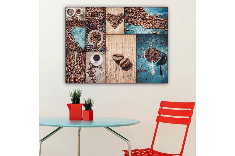 Canvastavla 70x100 cm - Collage av kaffebönor och kaffekoppar som framhäver kaffets olika aspekter och presentationer - Mörkbrun / Beige / Turkos - Inredning - Tavlor & konst - Canvastavlor