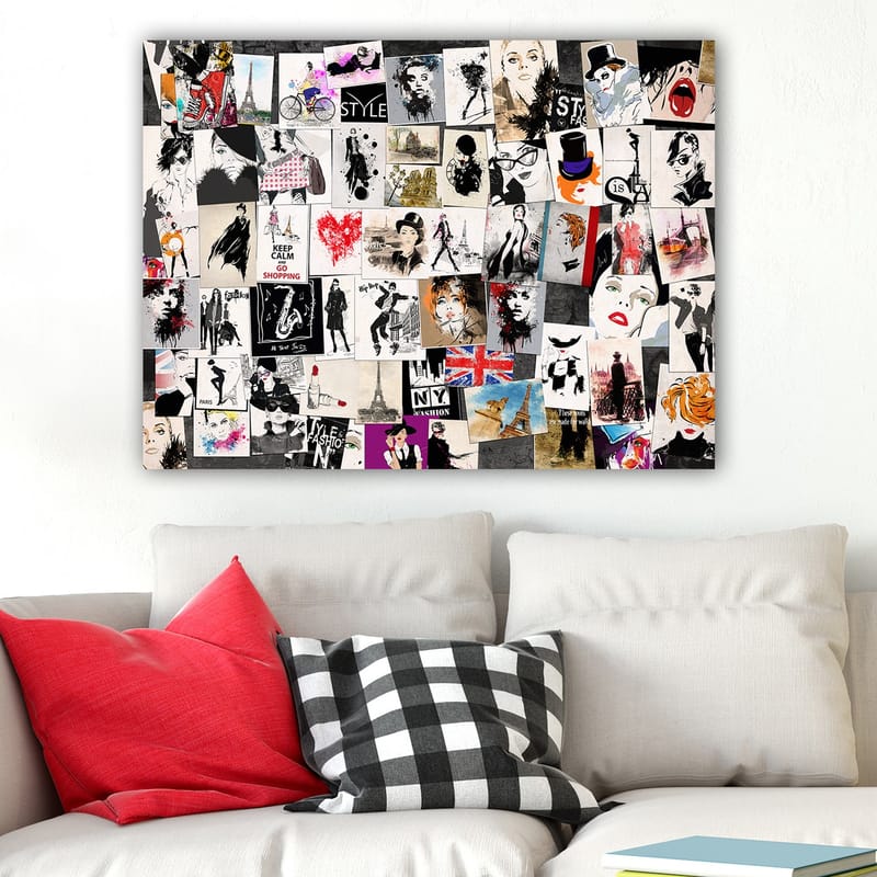 Canvastavla 70x100 cm - Collage av modeikoner och stiliserade porträtt med inslag av romantiska och urbana teman - Svart / Röd / Beige - Inredning - Tavlor & konst - Canvastavlor