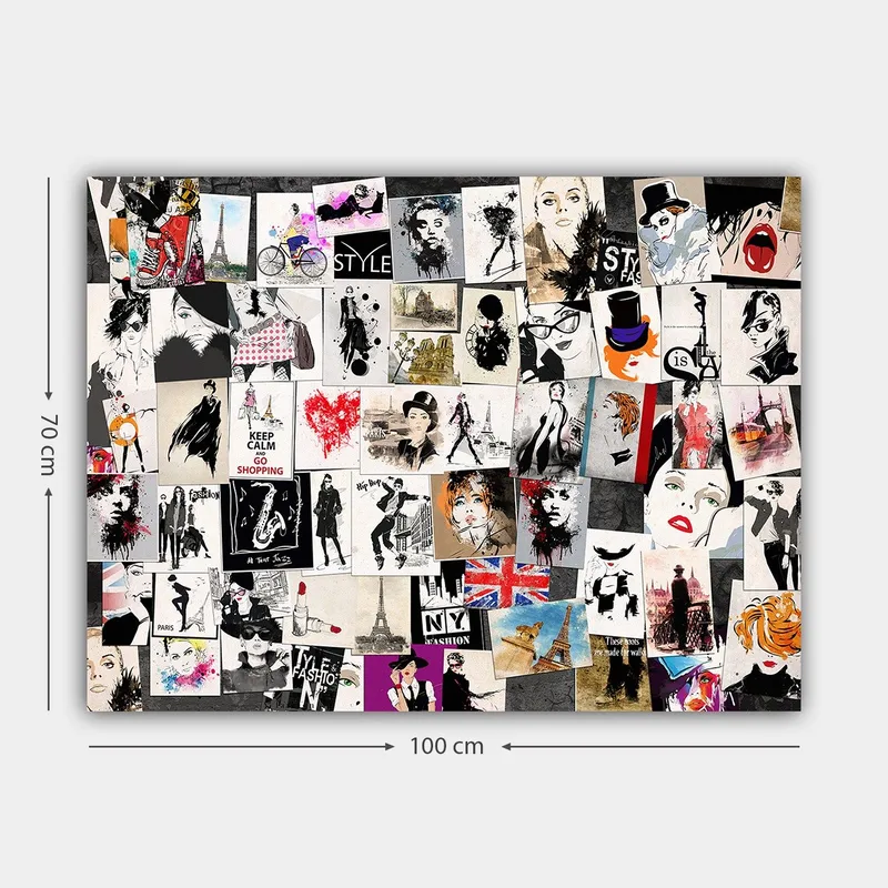 Canvastavla 70x100 cm - Collage av modeikoner och stiliserade porträtt med inslag av romantiska och urbana teman - Svart / Röd / Beige - Inredning - Tavlor & konst - Canvastavlor
