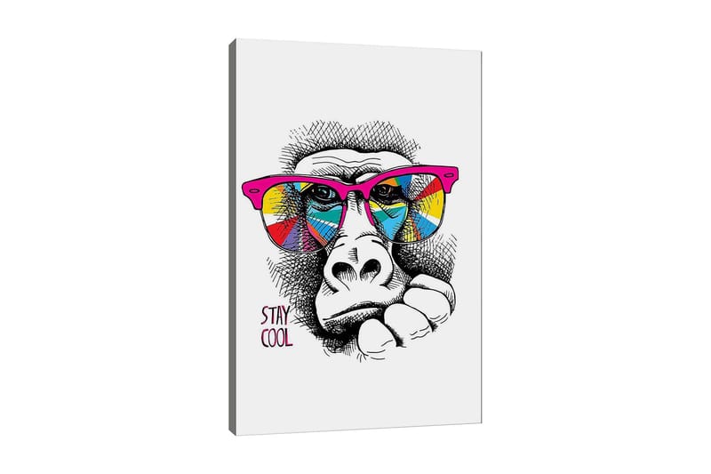 Canvastavla 70x100 cm - Cool gorilla med färgglada solglasögon som uttrycker en avslappnad attityd, Rosa / Gul / Blå