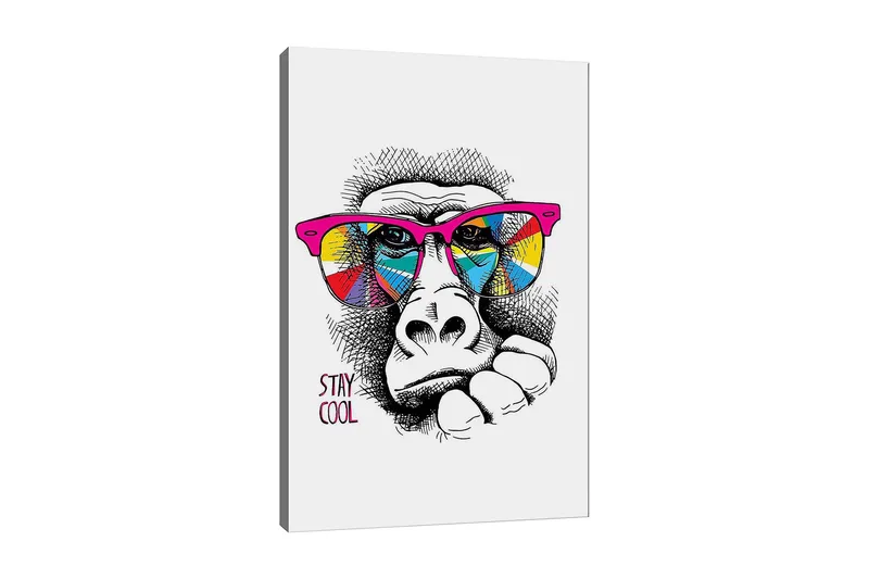 Canvastavla 70x100 cm - Cool gorilla med färgglada solglasögon som uttrycker en avslappnad attityd, Rosa / Gul / Blå