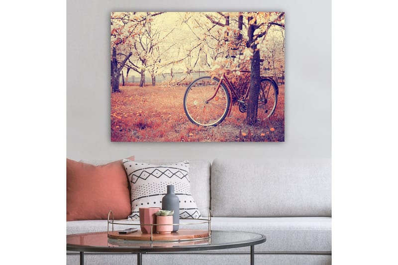 Canvastavla 70x100 cm - Cykel lutad mot ett träd i en blomstrande fruktträdgård under våren - Orange / Brun / Grå - Inredning - Tavlor & konst - Canvastavlor