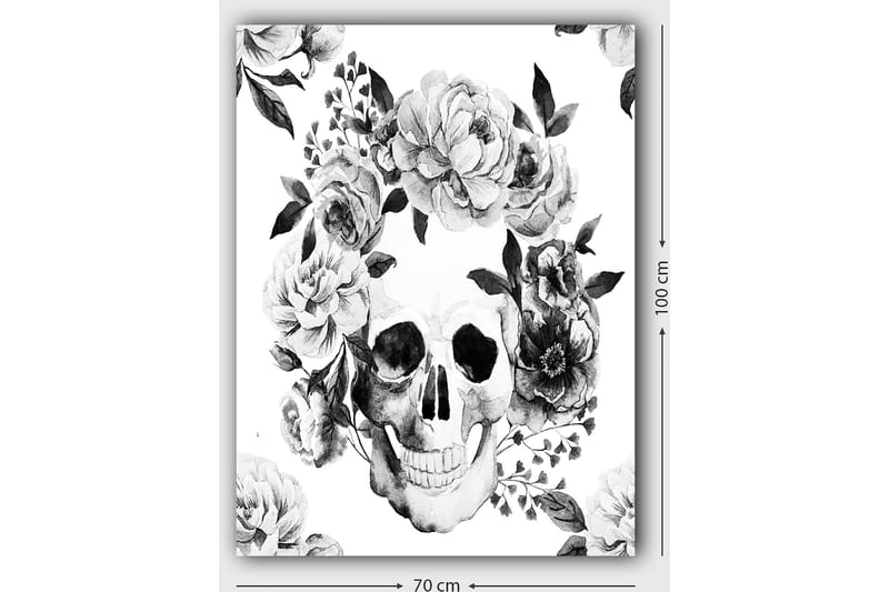 Canvastavla 70x100 cm - Dödskalle omgiven av vackra blommor i svart och vitt - Svart / Vitt / Grått - Inredning - Tavlor & konst - Canvastavlor