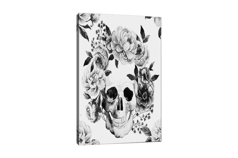 Canvastavla 70x100 cm - Dödskalle omgiven av vackra blommor i svart och vitt, Svart / Vitt / Grått