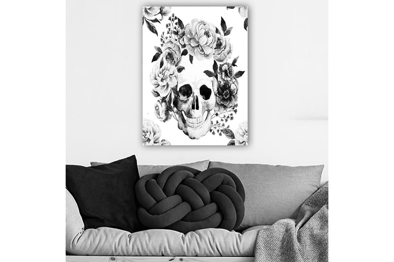 Canvastavla 70x100 cm - Dödskalle omgiven av vackra blommor i svart och vitt - Svart / Vitt / Grått - Inredning - Tavlor & konst - Canvastavlor
