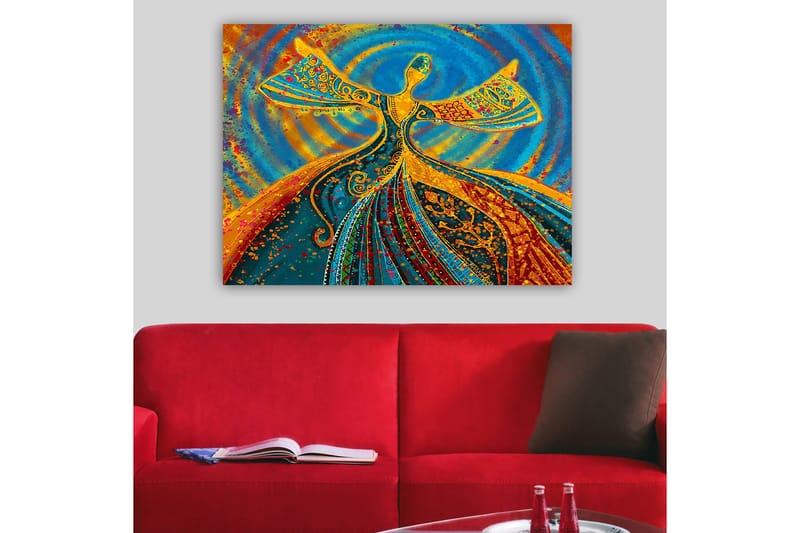 Canvastavla 70x100 cm - Dansande figur med utsträckta armar i en färgglad och livfull komposition - Blå / Orange / Grön - Inredning - Tavlor & konst - Canvastavlor