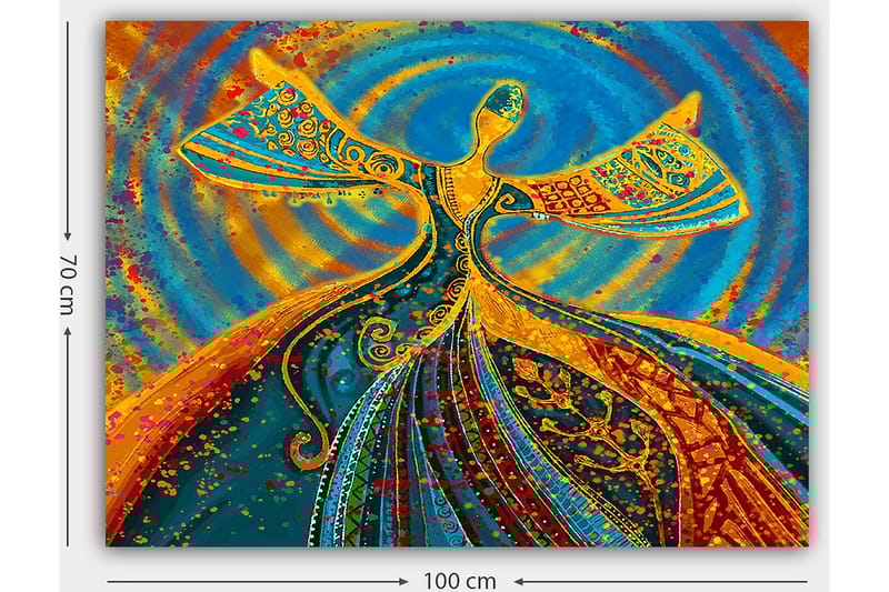 Canvastavla 70x100 cm - Dansande figur med utsträckta armar i en färgglad och livfull komposition - Blå / Orange / Grön - Inredning - Tavlor & konst - Canvastavlor