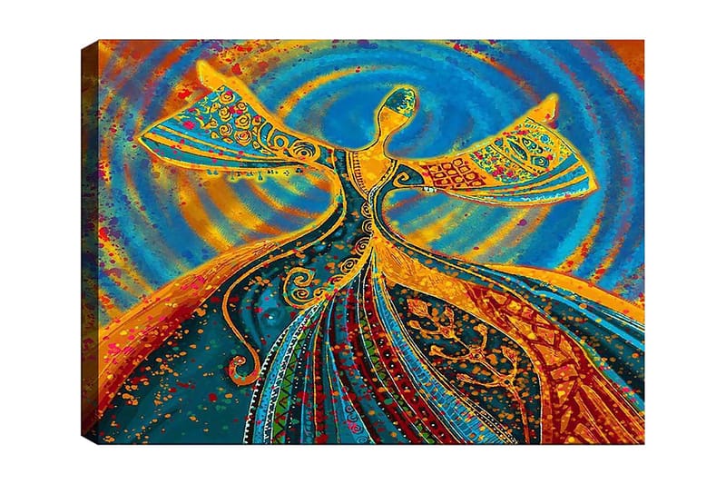 Canvastavla 70x100 cm - Dansande figur med utsträckta armar i en färgglad och livfull komposition, Blå / Orange / Grön