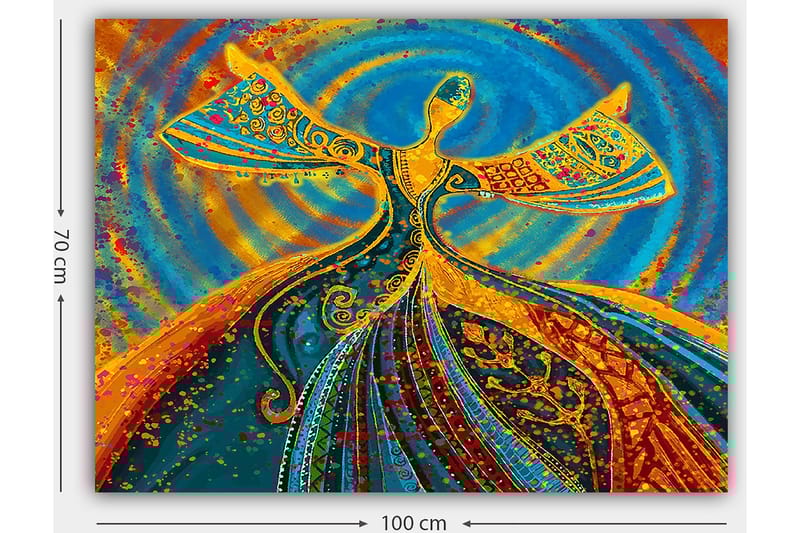 Canvastavla 70x100 cm - Dansande figur med utsträckta armar i en färgglad och livfull komposition - Blå / Orange / Grön - Inredning - Tavlor & konst - Canvastavlor