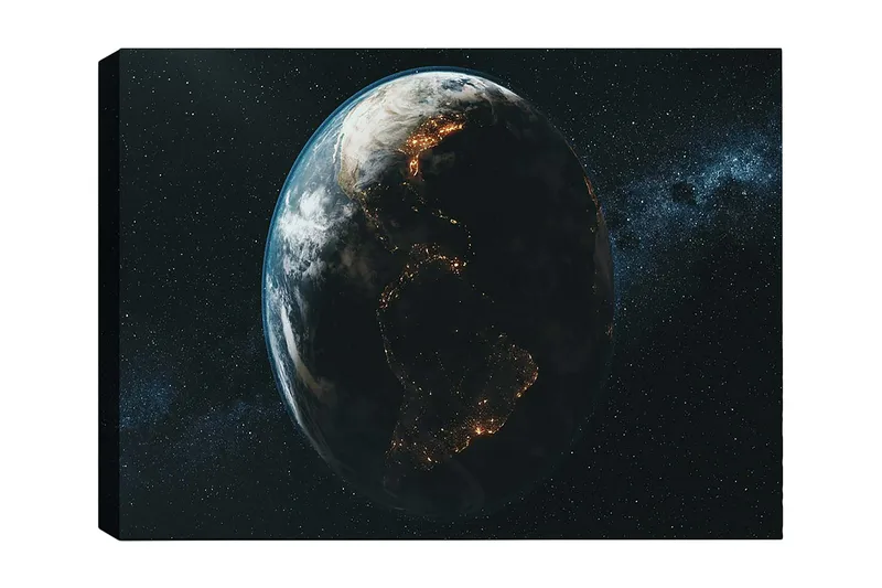Canvastavla 70x100 cm - Detaljerad avbildning av jorden sedd från rymden, med fokus på kontinenternas former och ljus från städerna, Mörkblå / Grön / Vit