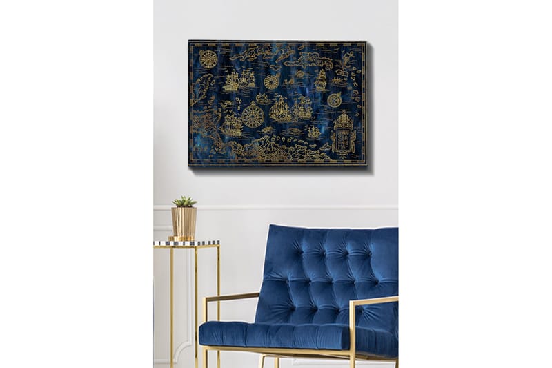 Canvastavla 70x100 cm - Detaljerad karta över Karibiska havet med segelbåtar och kompasser i guldmotiv - Mörkblå / Guld - Inredning - Tavlor & konst - Canvastavlor
