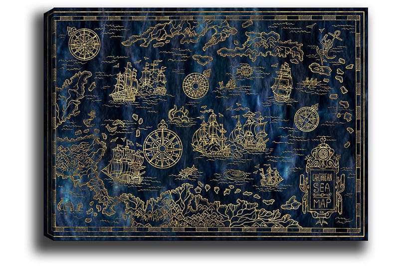 Canvastavla 70x100 cm - Detaljerad karta över Karibiska havet med segelbåtar och kompasser i guldmotiv, Mörkblå / Guld