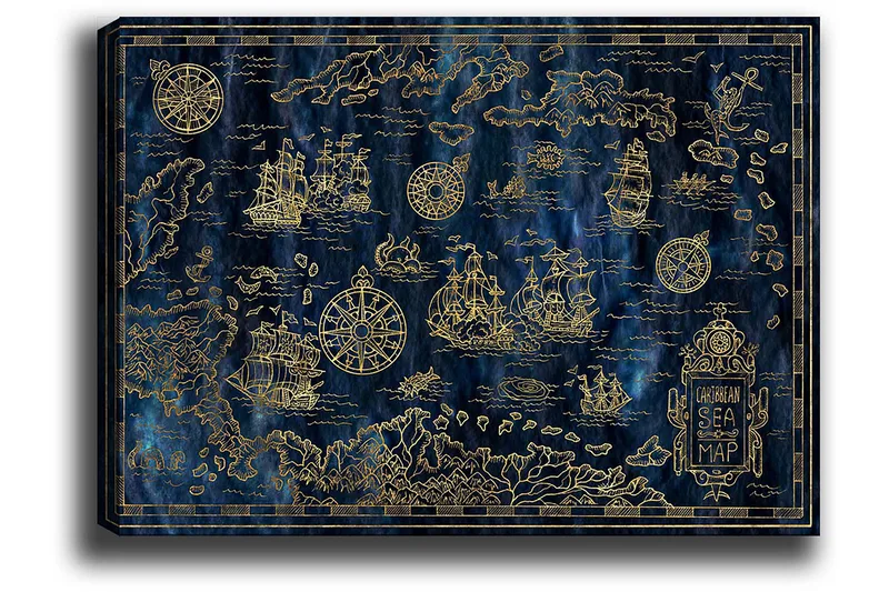 Canvastavla 70x100 cm - Detaljerad karta över Karibiska havet med segelbåtar och kompasser i guldmotiv, Mörkblå / Guld