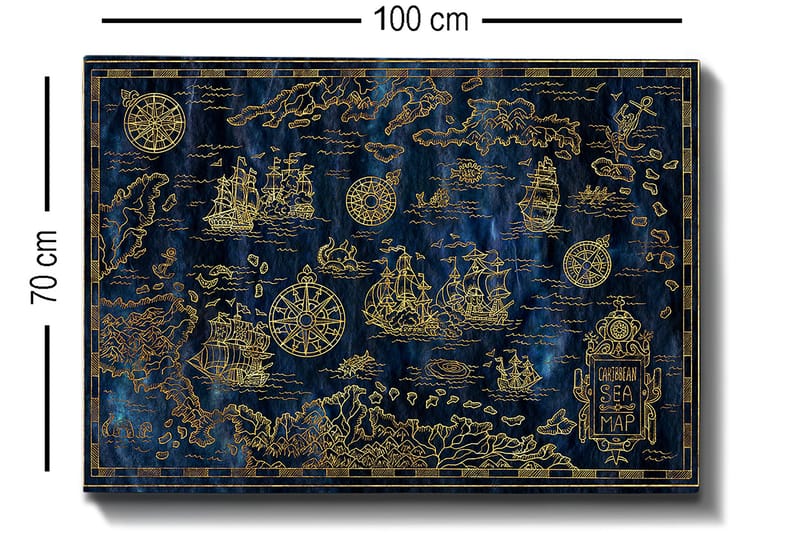 Canvastavla 70x100 cm - Detaljerad karta över Karibiska havet med segelbåtar och kompasser i guldmotiv - Mörkblå / Guld - Inredning - Tavlor & konst - Canvastavlor