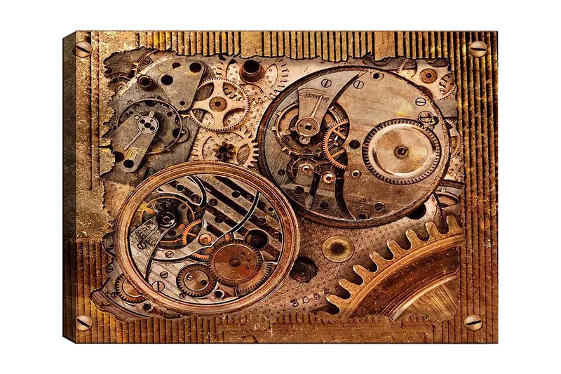 Canvastavla 70x100 cm - Detaljerad komposition av klockverk med kugghjul och mekaniska delar, Brons / Koppar / Guld