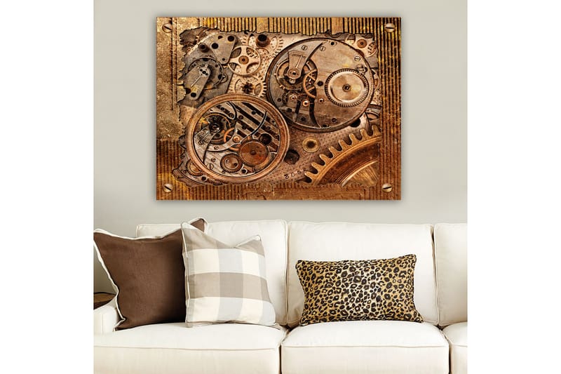 Canvastavla 70x100 cm - Detaljerad komposition av klockverk med kugghjul och mekaniska delar - Brons / Koppar / Guld - Inredning - Tavlor & konst - Canvastavlor