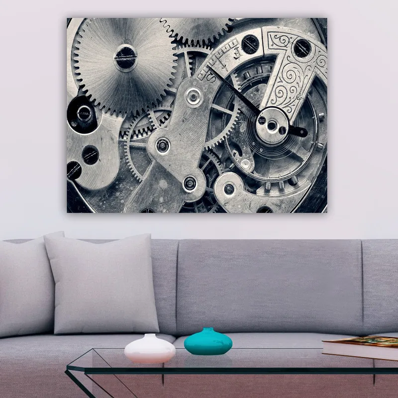 Canvastavla 70x100 cm - Detaljerad närbild av klockverkets kugghjul och mekanik - Silver / Grå - Inredning - Tavlor & konst - Canvastavlor