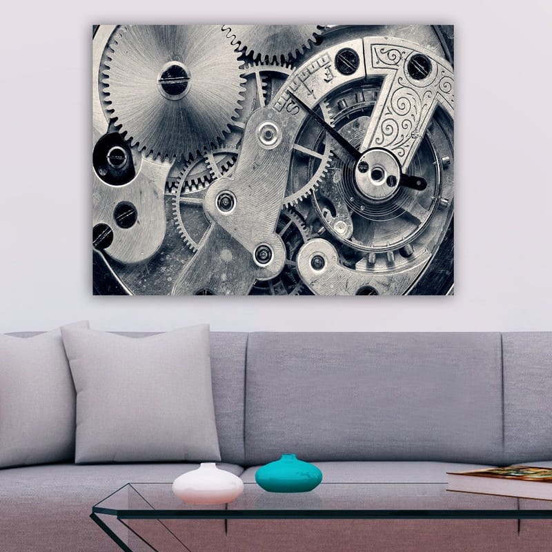 Canvastavla 70x100 cm - Detaljerad närbild av klockverkets kugghjul och mekanik - Silver / Grå - Inredning - Tavlor & konst - Canvastavlor