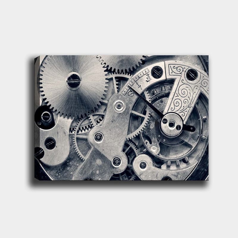 Canvastavla 70x100 cm - Detaljerad närbild av klockverkets kugghjul och mekanik, Silver / Grå