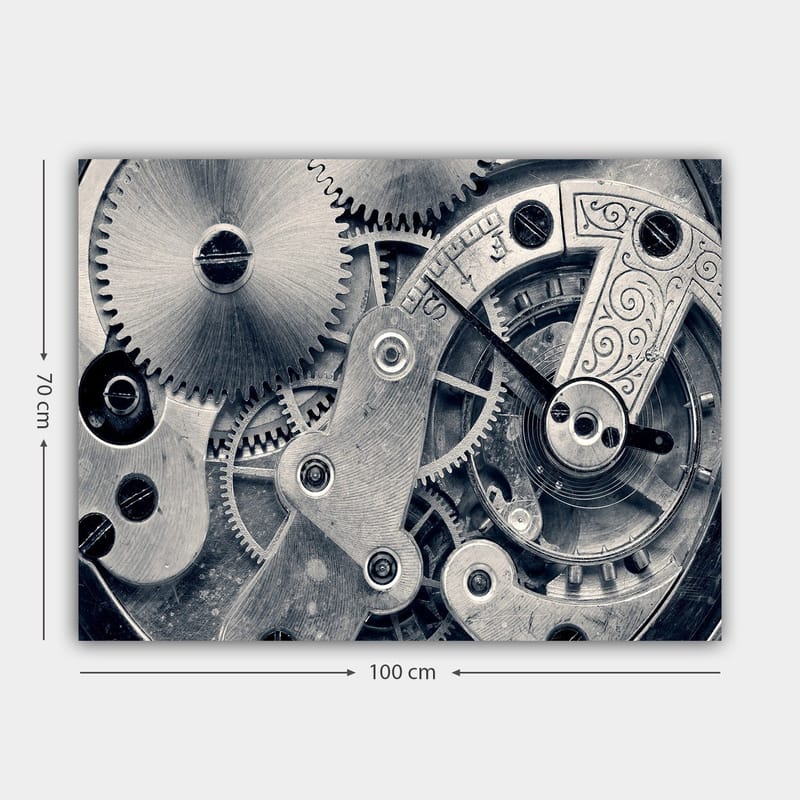 Canvastavla 70x100 cm - Detaljerad närbild av klockverkets kugghjul och mekanik - Silver / Grå - Inredning - Tavlor & konst - Canvastavlor