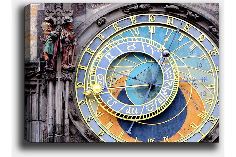 Canvastavla 70x100 cm - Detaljerad och färgglad astronomisk klocka med gyllene och blå detaljer - Guld / Blå / Orange - Inredning - Tavlor & konst - Canvastavlor