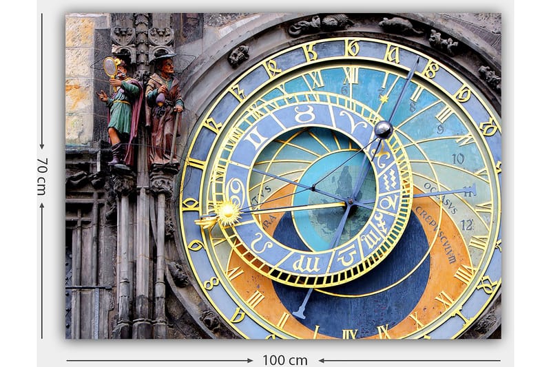 Canvastavla 70x100 cm - Detaljerad och färgglad astronomisk klocka med gyllene och blå detaljer - Guld / Blå / Orange - Inredning - Tavlor & konst - Canvastavlor
