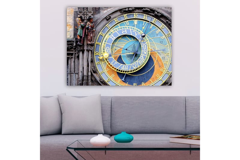 Canvastavla 70x100 cm - Detaljerad och färgglad astronomisk klocka med gyllene och blå detaljer, Guld / Blå / Orange