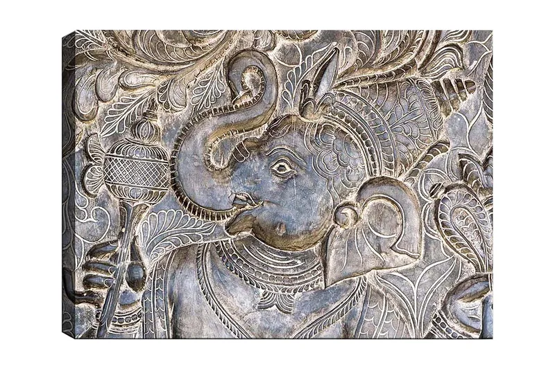 Canvastavla 70x100 cm - Detaljerad relief av elefanten Ganesha som håller en skål, omgiven av intrikata mönster, Silver / Grå
