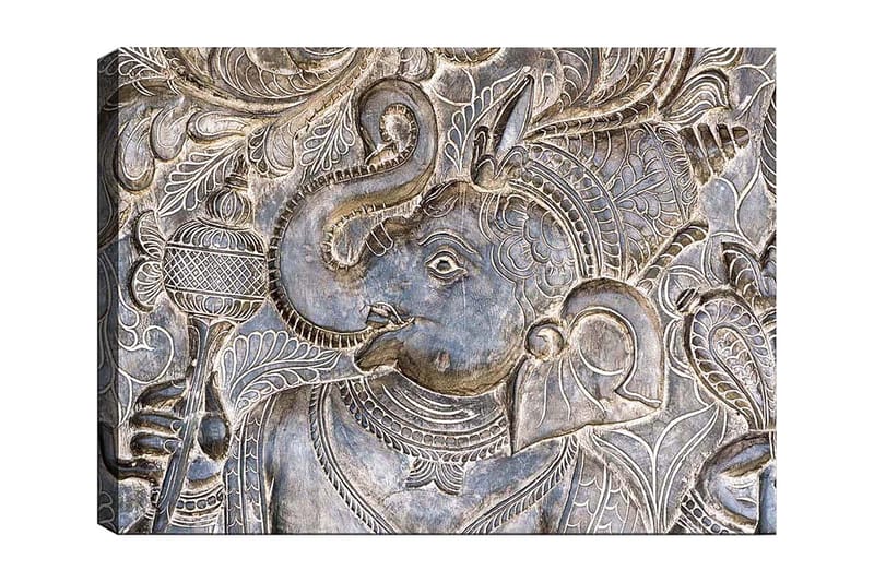 Canvastavla 70x100 cm - Detaljerad relief av elefanten Ganesha som håller en skål, omgiven av intrikata mönster, Silver / Grå