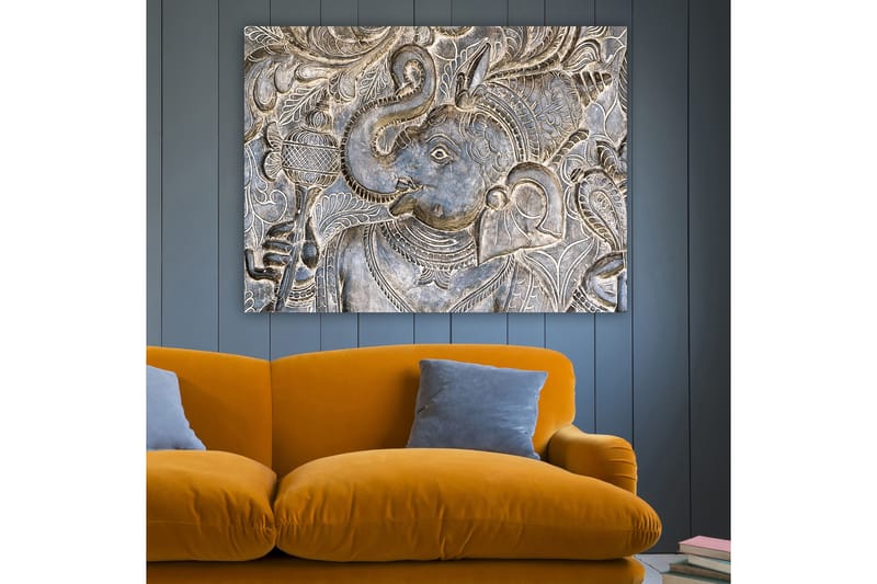 Canvastavla 70x100 cm - Detaljerad relief av elefanten Ganesha som håller en skål, omgiven av intrikata mönster - Silver / Grå - Inredning - Tavlor & konst - Canvastavlor
