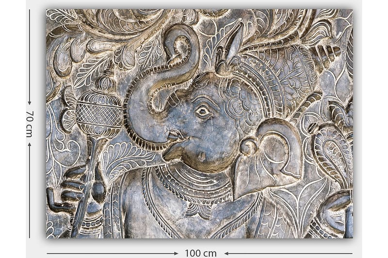 Canvastavla 70x100 cm - Detaljerad relief av elefanten Ganesha som håller en skål, omgiven av intrikata mönster - Silver / Grå - Inredning - Tavlor & konst - Canvastavlor