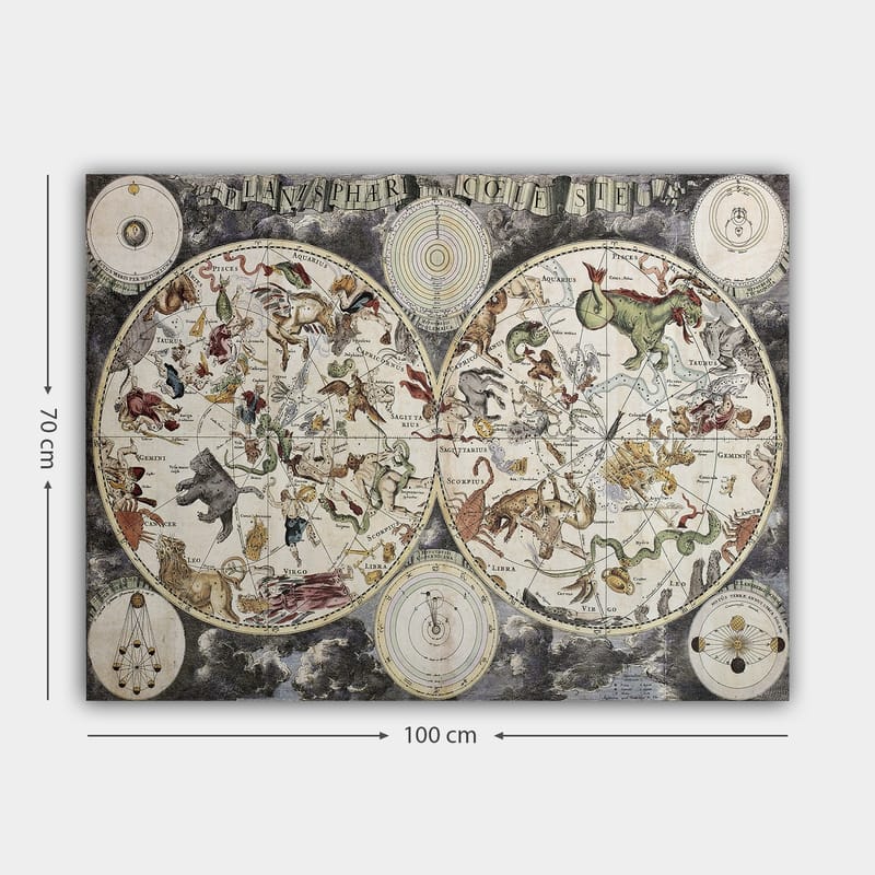 Canvastavla 70x100 cm - Detaljerad stjärnkarta med olika mytologiska djur och figurer som representerar stjärnbilder - Grön / Röd / Beige - Inredning - Tavlor & konst - Canvastavlor