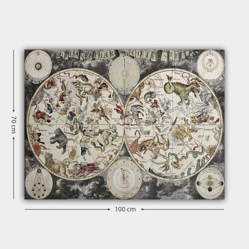 Canvastavla 70x100 cm - Detaljerad stjärnkarta med olika mytologiska djur och figurer som representerar stjärnbilder - Grön / Röd / Beige - Inredning - Tavlor & konst - Canvastavlor