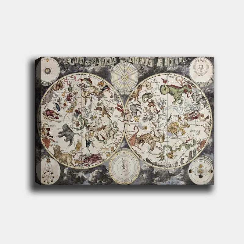 Canvastavla 70x100 cm - Detaljerad stjärnkarta med olika mytologiska djur och figurer som representerar stjärnbilder - Grön / Röd / Beige - Inredning - Tavlor & konst - Canvastavlor