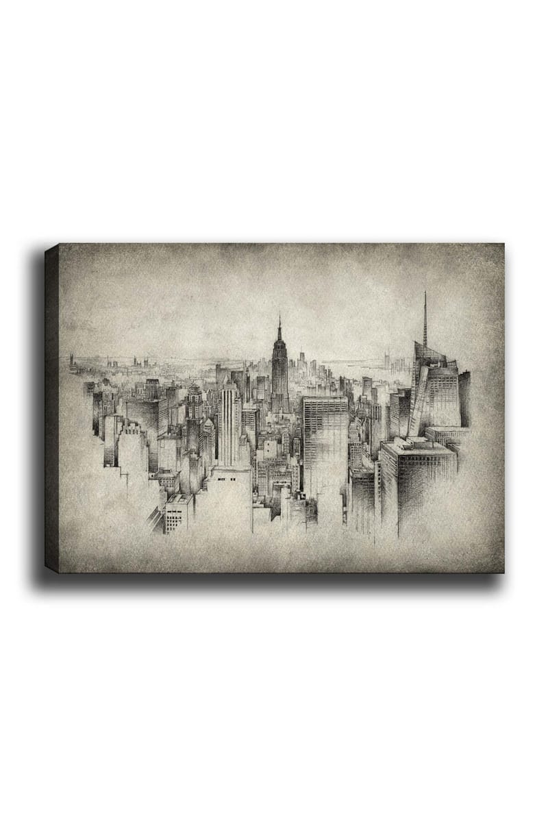 Canvastavla 70x100 cm - Detaljrik vy av en stadssilhuett med fokus på ikoniska skyskrapor, Grå / Svart