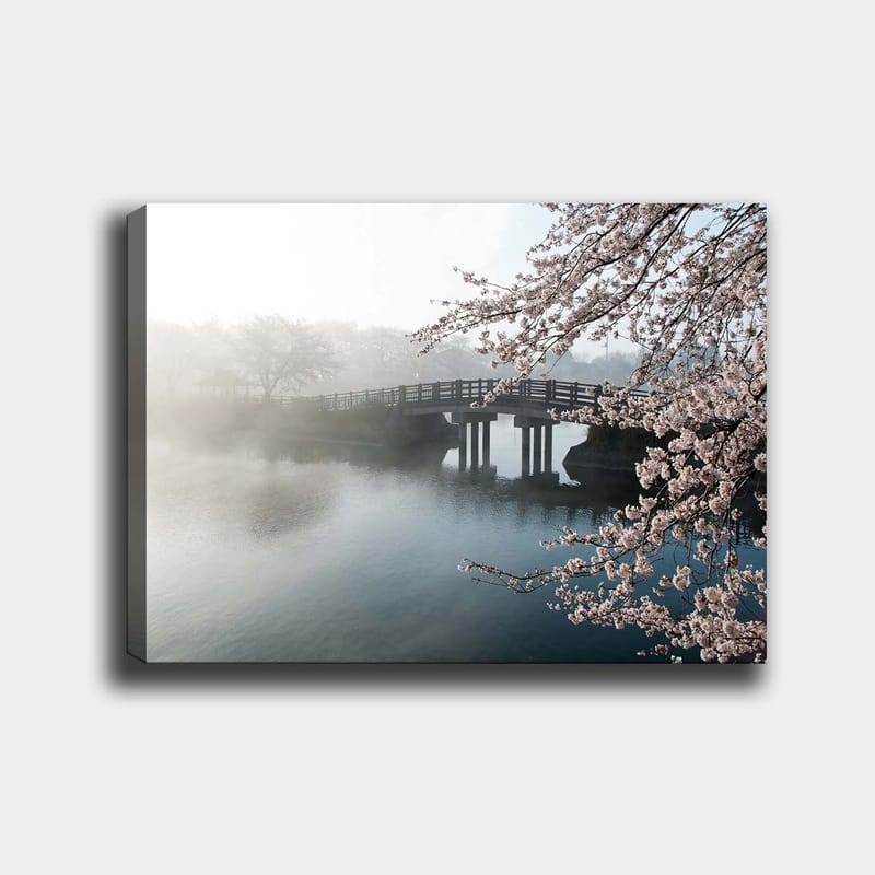 Canvastavla 70x100 cm - Dimmig scen med en bro som sträcker sig över en stilla sjö, omgiven av körsbärsträd i blom, Ljusrosa / Blå / Grå