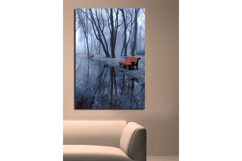 Canvastavla 70x100 cm - Dimmig park med två orange bänkar omgivna av kalla, nakna träd - Orange / Blå / Grå - Inredning - Tavlor & konst - Canvastavlor