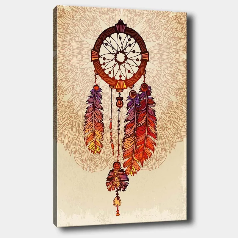 Canvastavla 70x100 cm - Drömfångare med färgglada fjädrar hängande nedåt - Orange / Lila / Brun - Inredning - Tavlor & konst - Canvastavlor