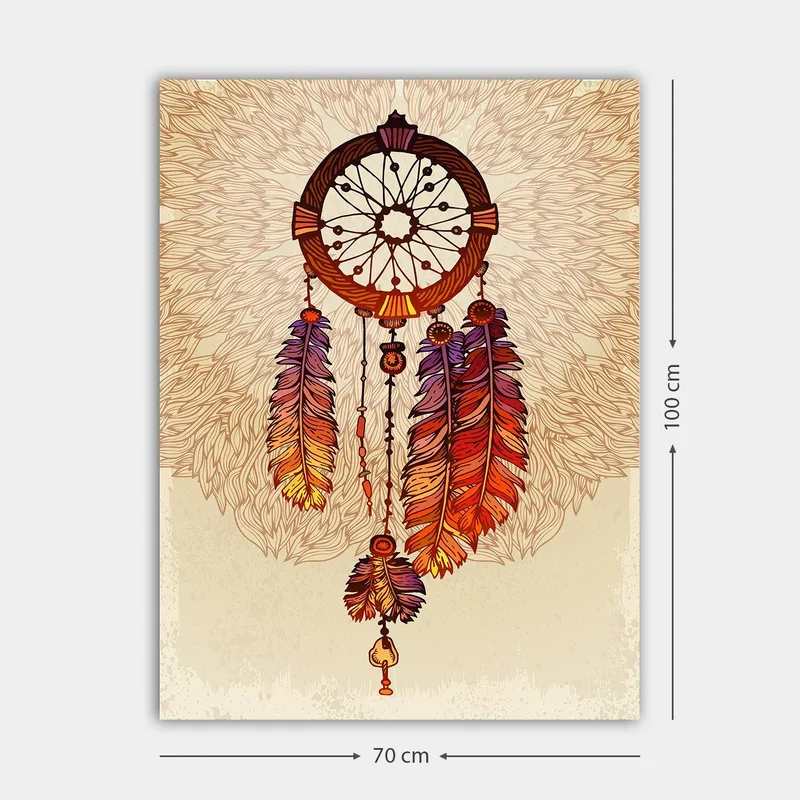 Canvastavla 70x100 cm - Drömfångare med färgglada fjädrar hängande nedåt - Orange / Lila / Brun - Inredning - Tavlor & konst - Canvastavlor