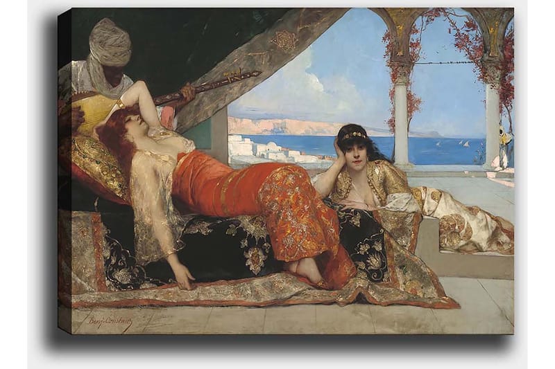 Canvastavla 70x100 cm - Drömlik scen med två kvinnor i orientaliska kläder som vilar i en lyxig miljö, medan en man spelar ett stränginstrument - Röd / Svart / Beige - Inredning - Tavlor & konst - Canvastavlor