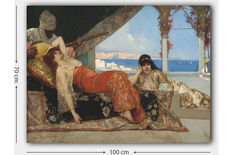 Canvastavla 70x100 cm - Drömlik scen med två kvinnor i orientaliska kläder som vilar i en lyxig miljö, medan en man spelar ett stränginstrument - Röd / Svart / Beige - Inredning - Tavlor & konst - Canvastavlor