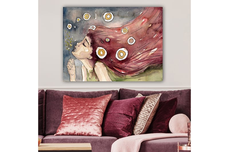 Canvastavla 70x100 cm - Drömmande kvinna med långt, rödaktigt hår som blåser i vinden, omgiven av vita och gula cirklar - Röd / Vit / Gul - Inredning - Tavlor & konst - Canvastavlor