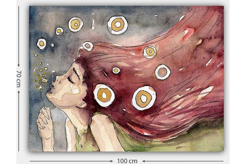 Canvastavla 70x100 cm - Drömmande kvinna med långt, rödaktigt hår som blåser i vinden, omgiven av vita och gula cirklar - Röd / Vit / Gul - Inredning - Tavlor & konst - Canvastavlor