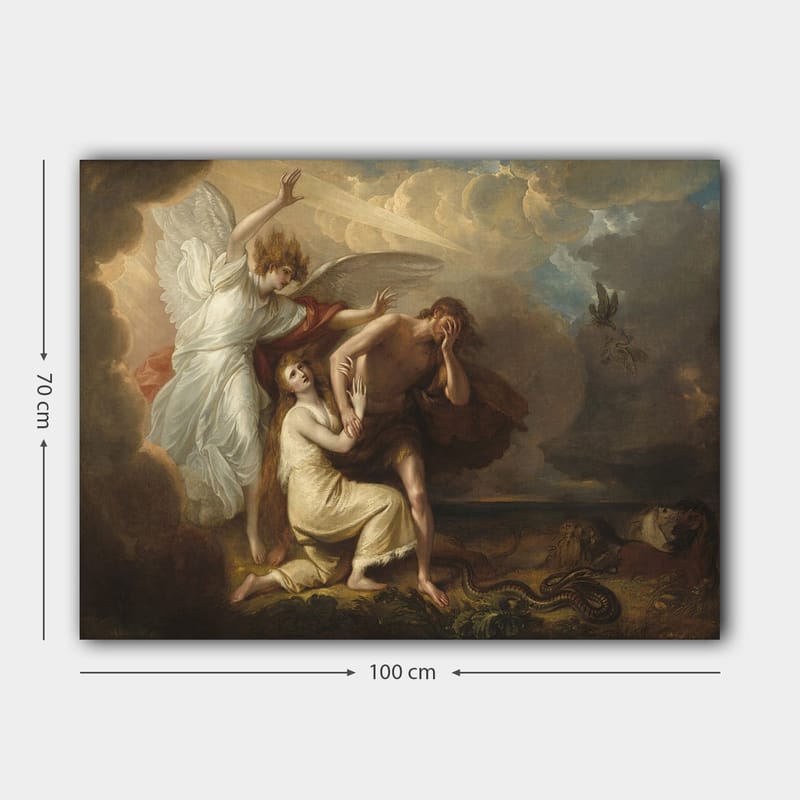 Canvastavla 70x100 cm - Dramatisk scen med en ängel som skyddar en man och en kvinna från en hotfull situation - Vit / Beige / Röd - Inredning - Tavlor & konst - Canvastavlor