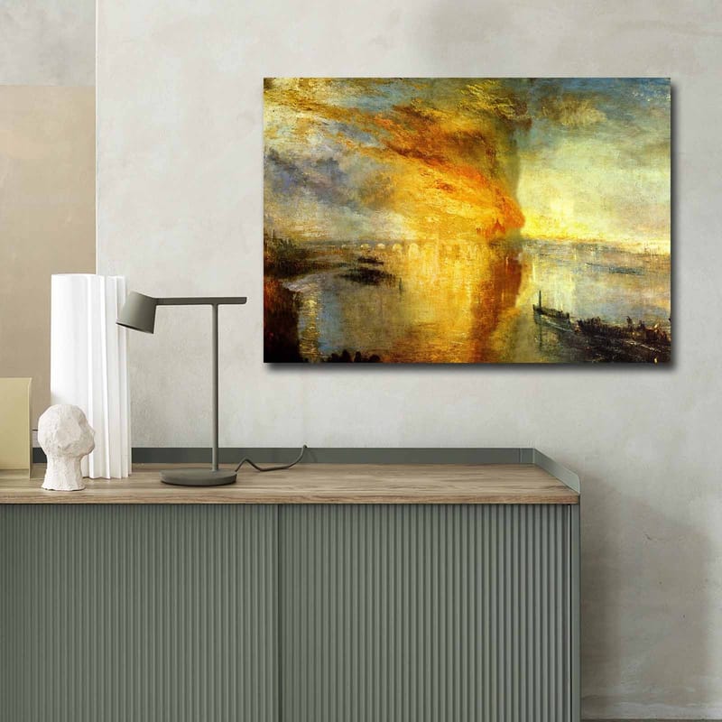 Canvastavla 70x100 cm - Dramatisk solnedgång över en stilla vattenyta med skepp i horisonten - Guld / Orange / Blå - Inredning - Tavlor & konst - Canvastavlor