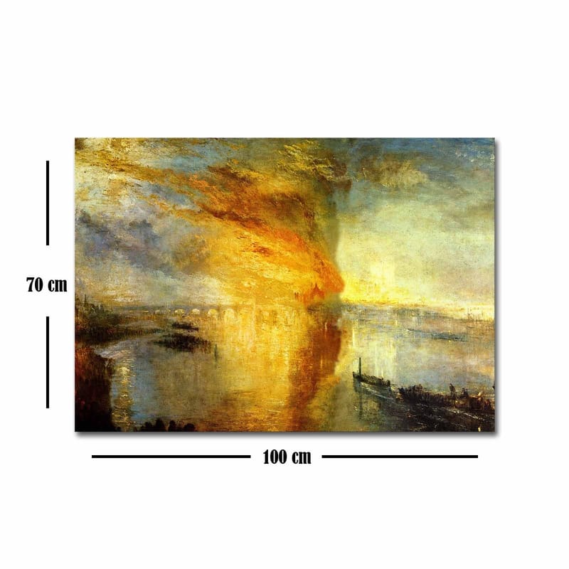Canvastavla 70x100 cm - Dramatisk solnedgång över en stilla vattenyta med skepp i horisonten - Guld / Orange / Blå - Inredning - Tavlor & konst - Canvastavlor