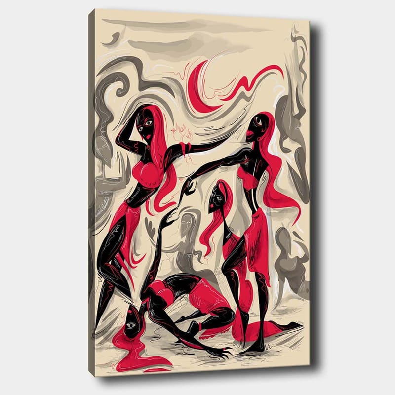 Canvastavla 70x100 cm - Dynamisk grupp av kvinnor i rörelse, uttryckande känslor och samhörighet - Röd / Svart / Beige - Inredning - Tavlor & konst - Canvastavlor
