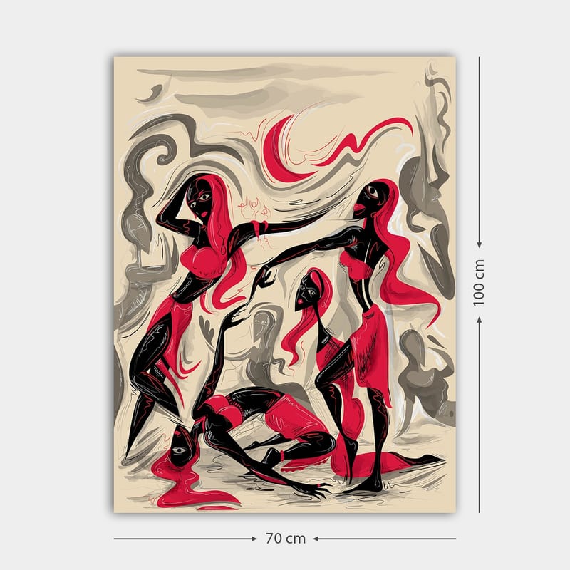 Canvastavla 70x100 cm - Dynamisk grupp av kvinnor i rörelse, uttryckande känslor och samhörighet - Röd / Svart / Beige - Inredning - Tavlor & konst - Canvastavlor