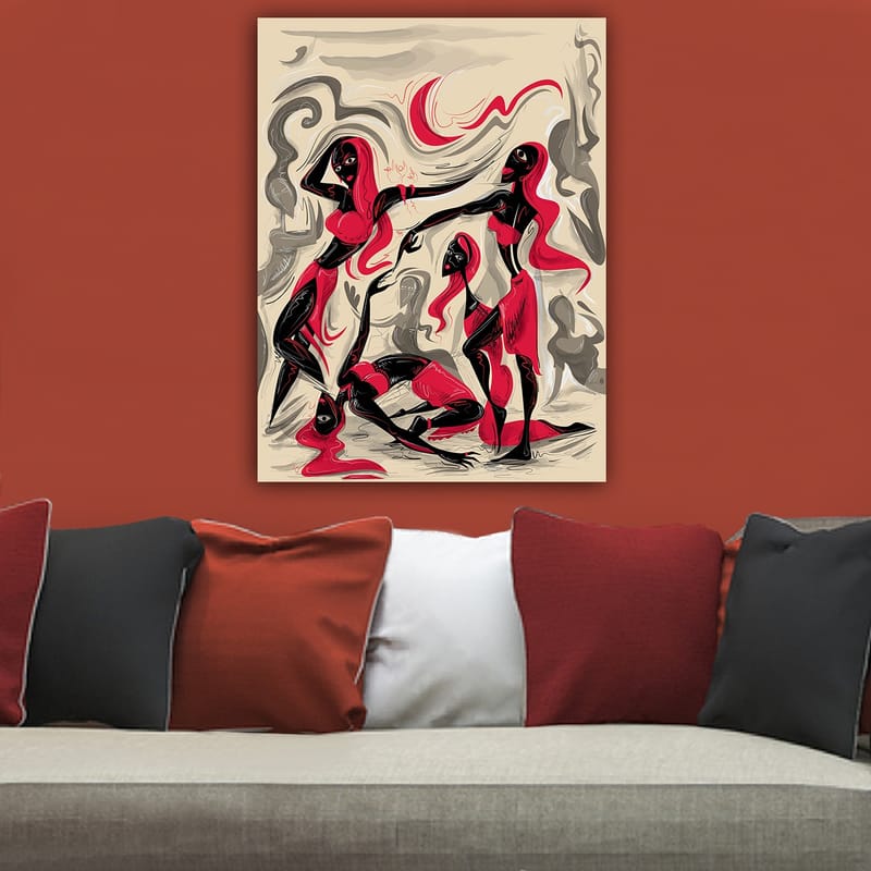 Canvastavla 70x100 cm - Dynamisk grupp av kvinnor i rörelse, uttryckande känslor och samhörighet - Röd / Svart / Beige - Inredning - Tavlor & konst - Canvastavlor
