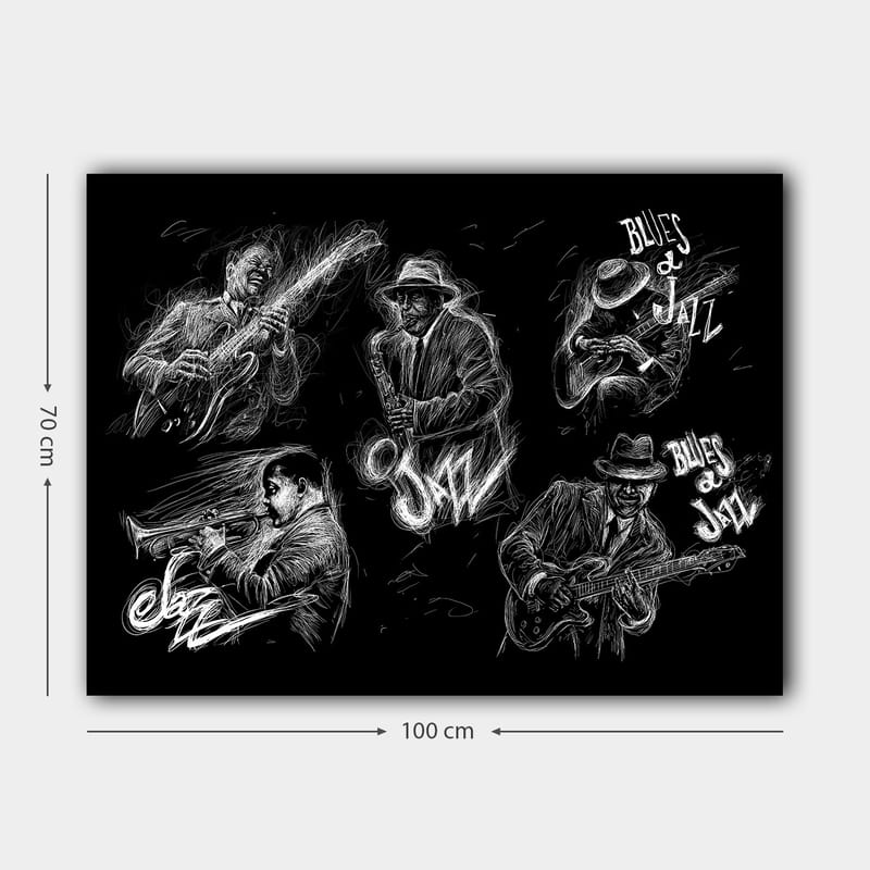Canvastavla 70x100 cm - Dynamisk skildring av jazzmusiker som spelar olika instrument i en energisk komposition - Svart / Vit - Inredning - Tavlor & konst - Canvastavlor